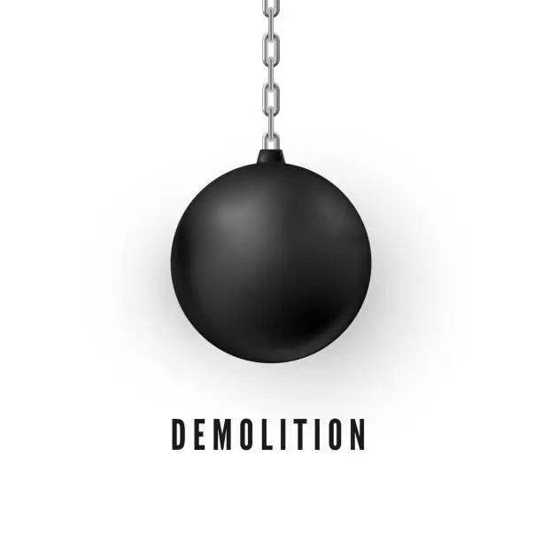 Vector illustration of Heavy black wrecking ball for buildings destruction. Realistic Demolition Sphere. Vector illustration isolated on white background