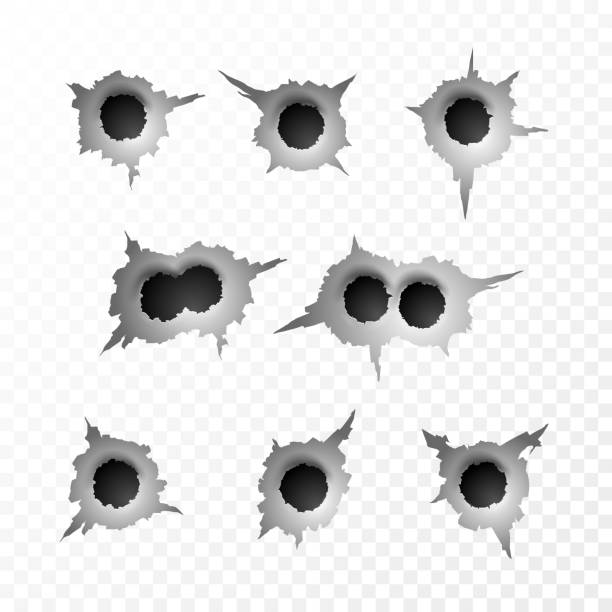 dziura po kulach. rozdarta powierzchnia od kuli. zgrywanie metalu na przezroczystym tle. ilustracja wektorowa - bullet hole gun rifle bullet stock illustrations