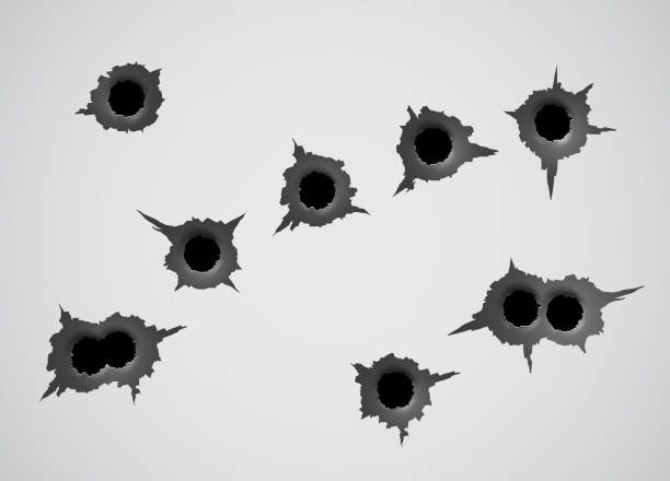 szablon otworu po kuli. uszkodzenia i pęknięcia na powierzchni od kuli. ilustracja wektorowa - bullet hole gun rifle bullet stock illustrations