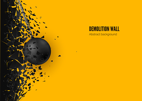 Destruction effect. Abstract cloud of pieces and fragments after wall demolition by wrecking ball. Vector