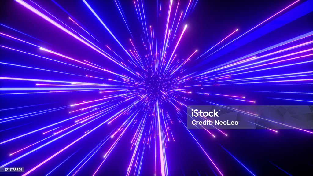 3d render, abstract neon background, shooting stars, blue fireworks sparkling, outer space, fantastic universe, big bang, explosion Neon Lighting Stock Photo