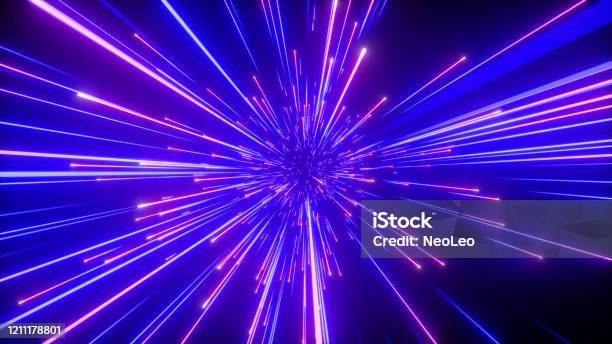 3d Render Abstract Neon Background Shooting Stars Blue Fireworks Sparkling Outer Space Fantastic Universe Big Bang Explosion Stock Photo - Download Image Now
