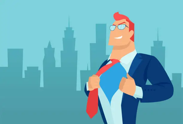 Vector illustration of Vector of a super hero businessman on a cityscape background