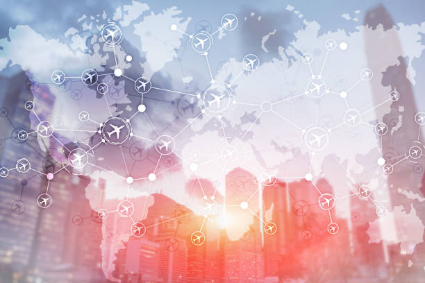 istock Airplane icons on modern city background. Flight schemes. 1211183152