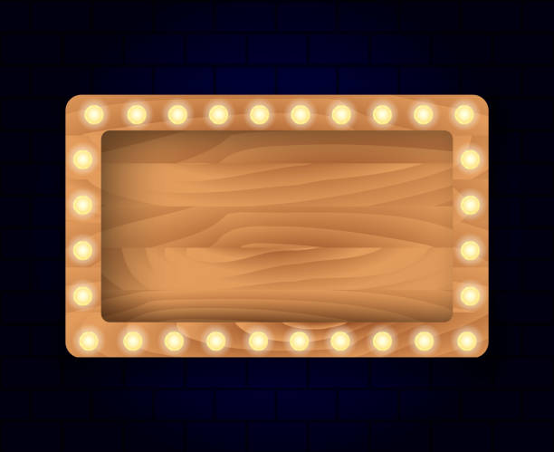 istock Wooden frame with light bulbs on a blue brick background. Vector stock illustration for poster or banner 1211183197