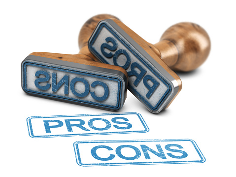 Two rubber stamps with the words pros and cons printed on white background. 3d illustration.