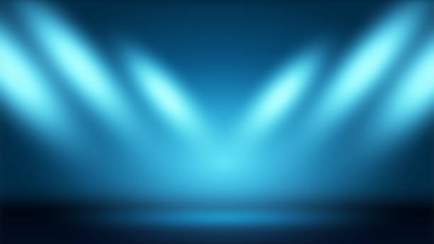 sfondo blu con luci dello spettacolo. riflettore. illuminazione della scena. effetto luce - luce di palcoscenico foto e immagini stock