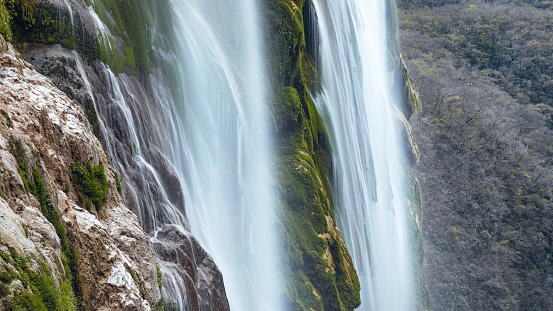 Close up view of spectacular Tamul Waterfall, Tampaon River, Huasteca Potosina, Mexico