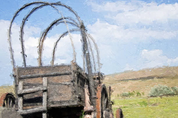 Impressionistic Style Artwork of a Covered Wagon Facing the Road Ahead