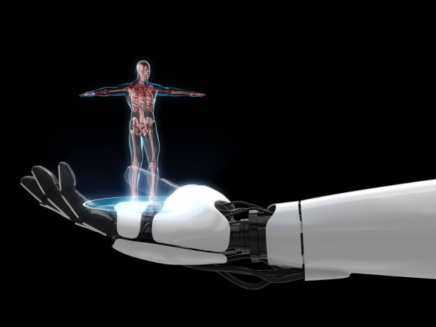 istock Hologram 3D of anatomy human on robot hand. 3D rendering. 1211189958