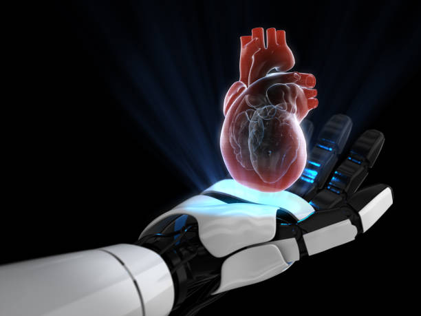istock Hologram 3D of  human heart on robot hand. 3D rendering. 1211190028