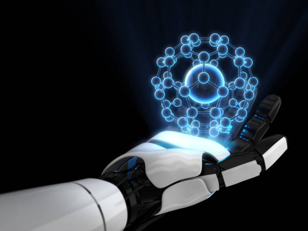 istock Hologram 3D of atom on robot hand. 3D rendering. 1211190066