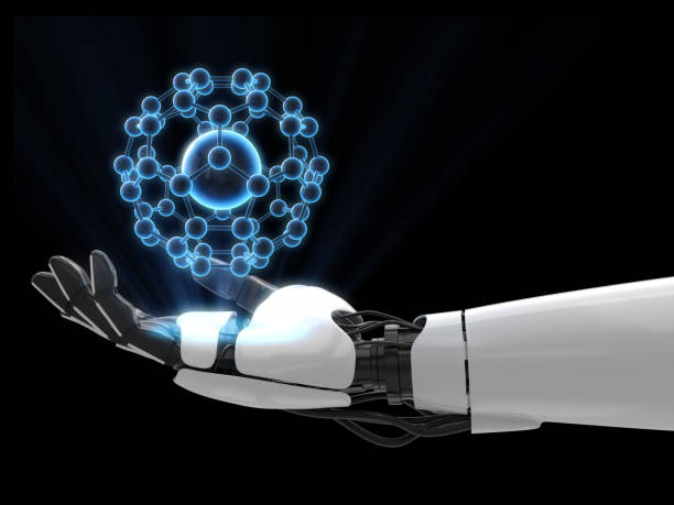 istock Hologram 3D of atom on robot hand. 3D rendering. 1211190159
