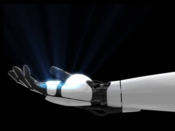 istock Robot hand with light glow on hand on black background. 3D rendering. 1211190211
