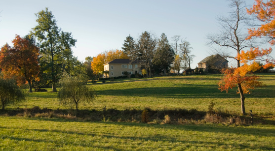 A panoramic view of a farm in Chester County,Pennsylvania USA early in the morning.Same farm: