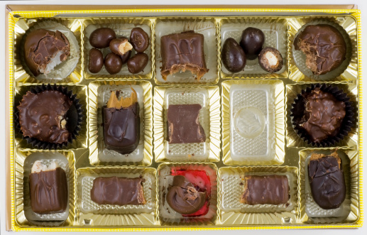 A box of chocolates that have had bites taken out of them. One piece of chocolate is missing. Life is like a box of chocolates especially if you've found the one you like the most!