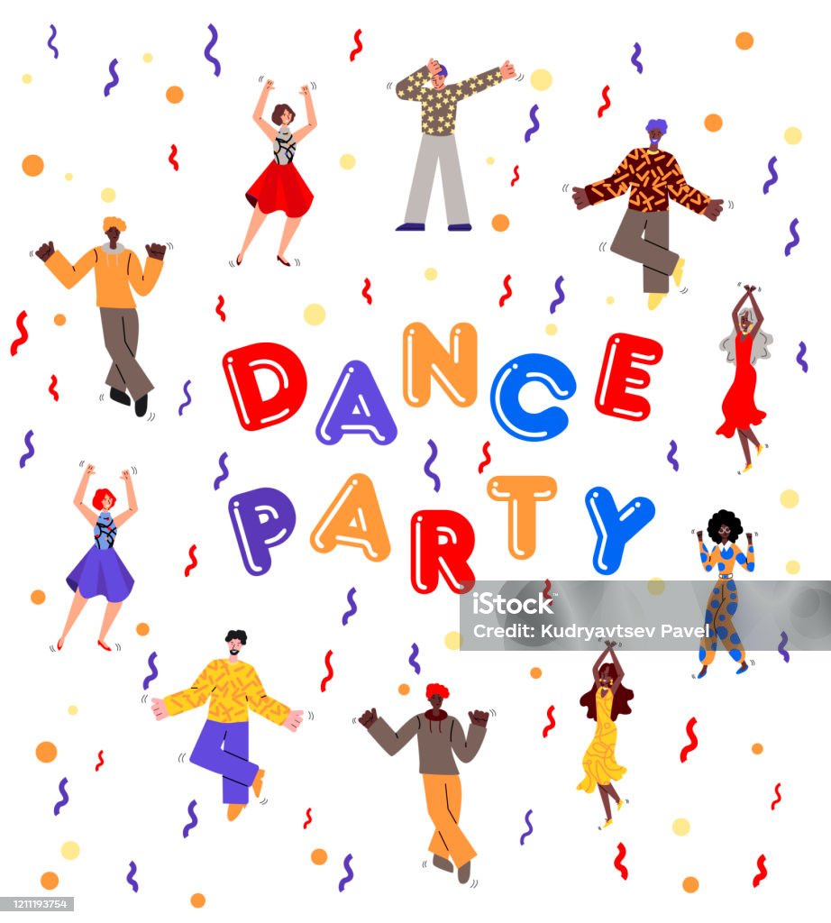 Dance Party Poster With Cartoon People Dancing Among Confetti Stock  Illustration - Download Image Now - iStock