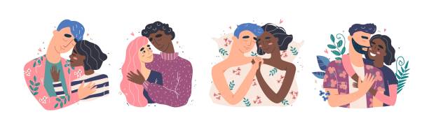illustrations, cliparts, dessins animés et icônes de amoureux homme et femme étreinte. concept familial multiracial heureux. - couple black american culture kissing