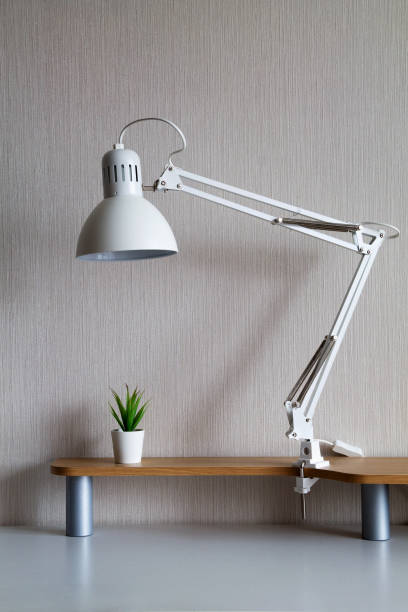 istock white lamp with a small plant on a white table. desktop organization. office interior 1211194531
