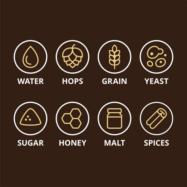 Beer ingredient icons Beer ingredient icons. Basic ingredients like hops, grain and yeast, and optional add-ins. Homebrewing, craft beer making symbol set. yeast stock illustrations