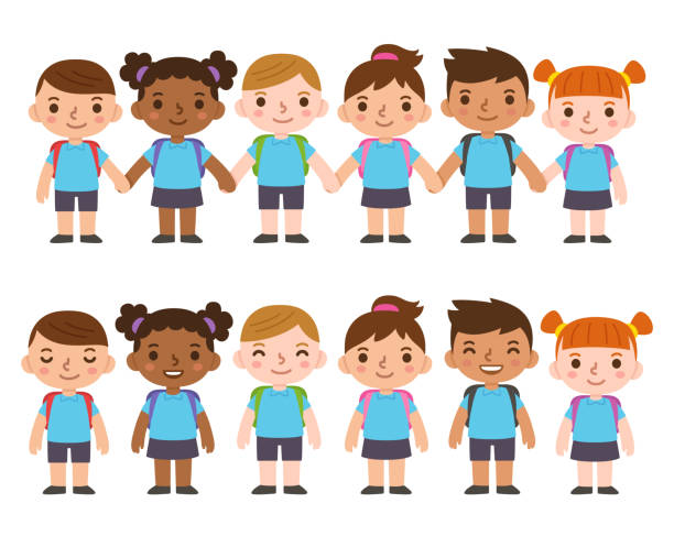 Cartoon school children A set of six cute cartoon diverse children wearing school uniform with backpacks and holding hands. International group of kids, boys and girls. Isolated vector clip art illustration. kids holding hands stock illustrations