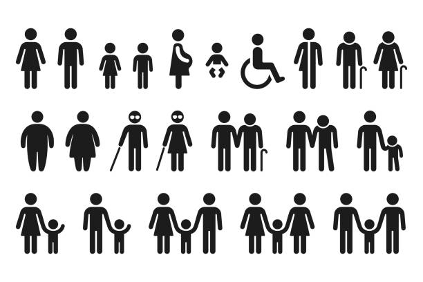 Bathroom and medical people icon set People figures icon set. Bathroom gender signs and health conditions symbols. Adults, families with children, seniors and disabled. Medical or navigation pictograms. visual impairment stick stock illustrations