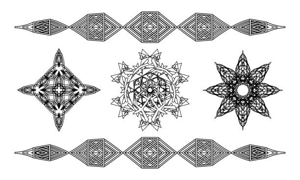 illustrations, cliparts, dessins animés et icônes de trois symboles de contour dans le style antique : croix, mandala géométrique et fleur - celtic culture cross cross shape mandala