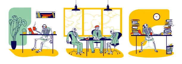 Vector illustration of Workaholic and Overload Workers Concept. Skeletons Business Characters and Alive People Working in Office. Negotiation, Paperwork, Drink Coffee. Work till Die, Deadline. Linear Vector Illustration