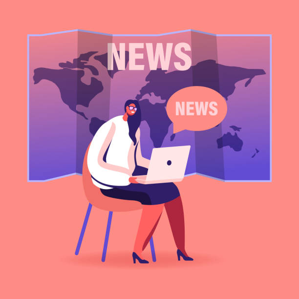 Fake News Concept. Female Character with Laptop Sit on World Map Background Reading Social Media Information in Internet, Anchorwoman or Journalist Broadcast Breaking News. Cartoon Vector Illustration Fake News Concept. Female Character with Laptop Sit on World Map Background Reading Social Media Information in Internet, Anchorwoman or Journalist Broadcast Breaking News. Cartoon Vector Illustration shocked computer stock illustrations