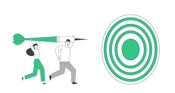 Business People Mission Achievement and Corporate Competition. Businessman and Businesswoman Characters Throw Darts to Target. Aim Challenge, Task Solution, Strategy Goals. Linear Vector Illustration