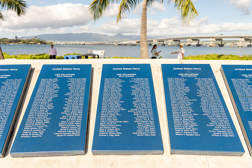 Honolulu, HI / USA - January 27, 2020: Close up of the names of people who served on the on the battleship USS Oklahoma listed on a placard at the Pearl Harbor Monument.