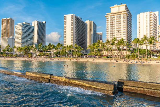 de belles tours d’hôtel s’élèvent au loin à waikiki beach. - built structure building exterior architecture waikiki photos et images de collection