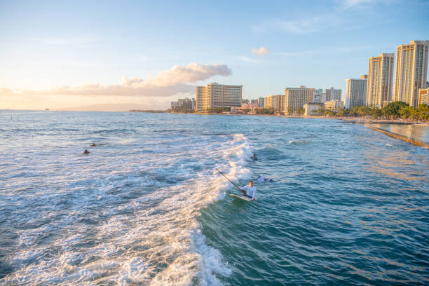 surfer reitet die wellen am waikiki beach, mit der skyline von honolulu in der ferne. - surfing men hawaii islands wave stock-fotos und bilder