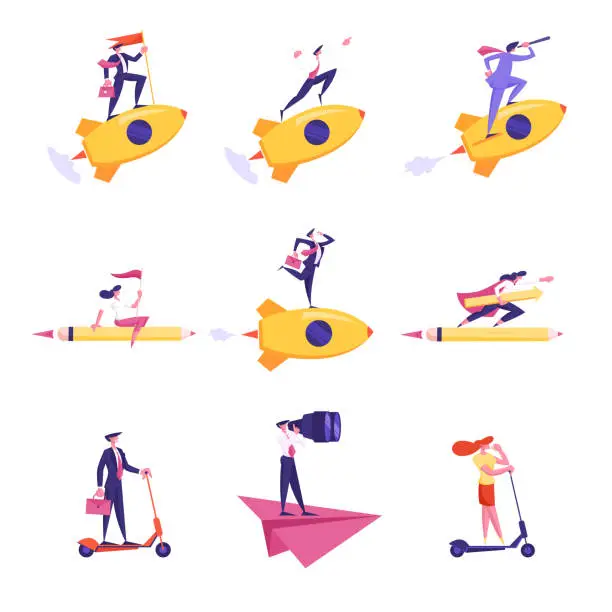 Vector illustration of Set of Business People Characters Flying on Rocket, Paper Airplane and Huge Pencil Look in Spyglass and Binoculars, Hold Flag, Riding Scooter Isolated on White. Cartoon Vector Illustration, Clip Art