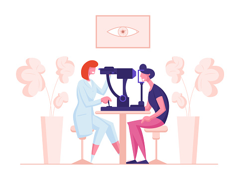 Ophthalmologist Doctor Character Test Eye on Special Device. Oculist Checkup Optometry for Eyeglasses. Medical Optician Treatment Patient Foresight Focus Correction. Cartoon People Vector Illustration