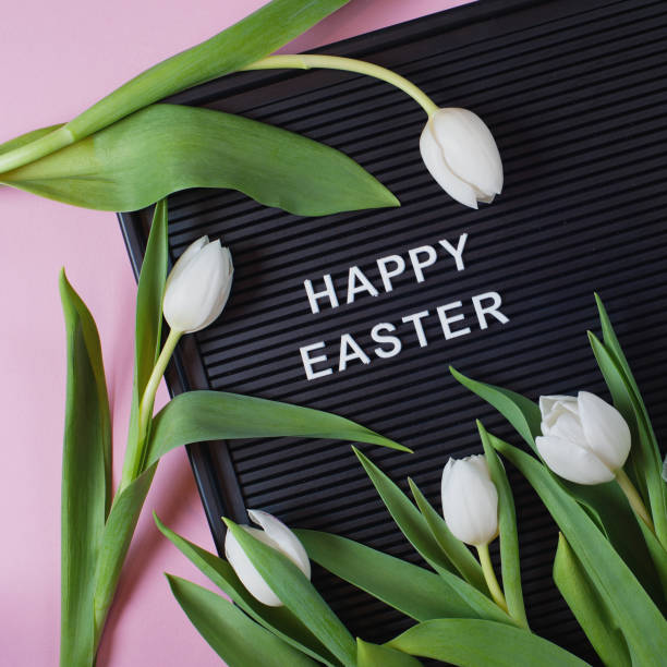 istock Happy Easter - text on black letter board with white tulips on pink background. 1211198887