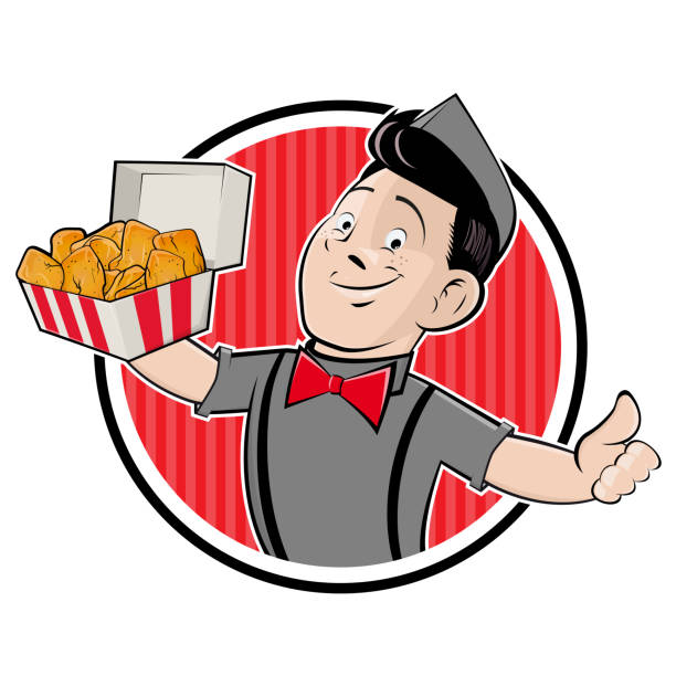 cartoon logo of a happy man serving chicken nuggets cartoon logo of a happy man serving chicken nuggets nuggets heat stock illustrations