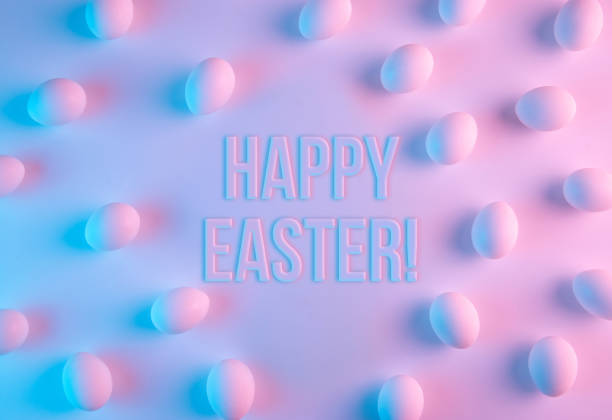 Happy Easter lettering among chicken eggs lit by pink and blue neon lights. Creative holiday greeting card.