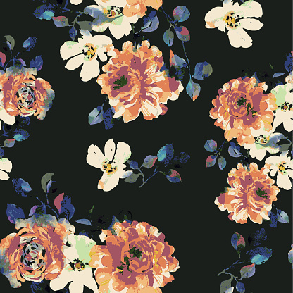 Vector seamless floral pattern. Watercolor blossom roses with foliage. Opulent botanical ornament in vintage style. Fashion print for fabric, textile, texture, background, wrapper, wallpaper, surface.