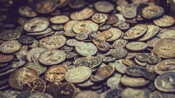 Business Photo Pile Of Old Coins Collection antiquities stock pictures, royalty-free photos & images