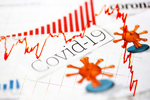 Coronavirus, covid-19, newspaper headlines, news articles and declining red stock market trend