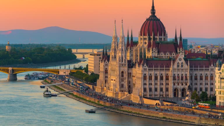 Budapest city skyline with Hungarian Parliament and Chain Bridge at Danube River, Day to night timelapse, Budapest, Hungary