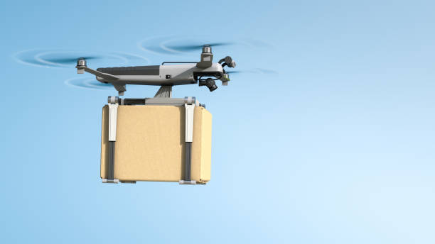 istock Flying electric drone with cargo. Side view. Blue sky in the background. Copyspace. Photorealistic 3d rendering. 1211204322