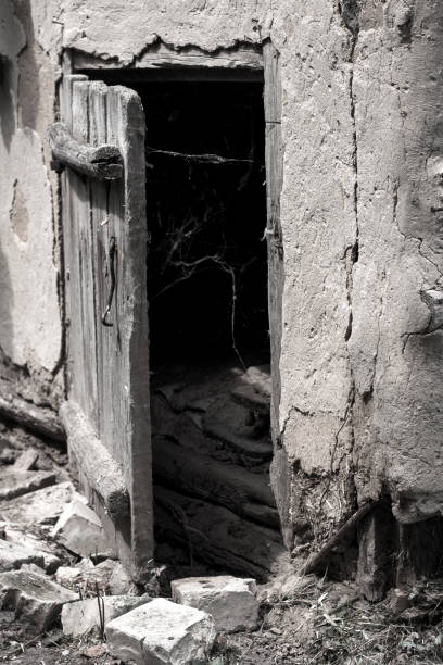 istock Slightly opened old weathered wooden door and spider web on a darkness background 1211204362