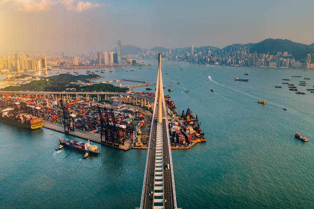 istock Bridge and freight ship Transportation in Hongkong, China 1211204451