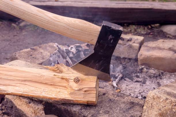 istock Chopper or axe stuck upright in a tree stump 1211205337