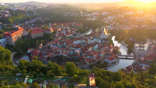 Aerial Drone Movie Sunrise Scene Old town of Cesky Krumlov,  South Bohemia, Czech Republic