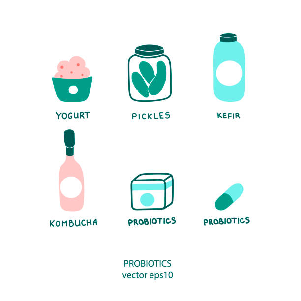 Probiotics icon, great design for any purposes. Healthy nutrition set. Probiotics icon, great design for any purposes. Healthy nutrition set. Food icon set. Milk vector illustration. Health food infographic. kombucha jar stock illustrations