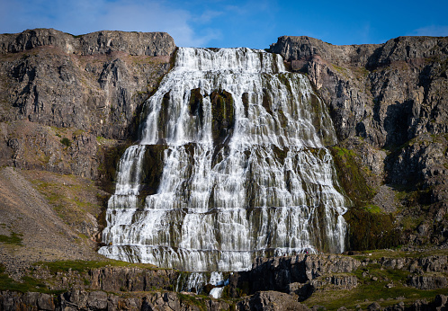 Wilderness cascade panorama Dynjandi waterfall Iceland.