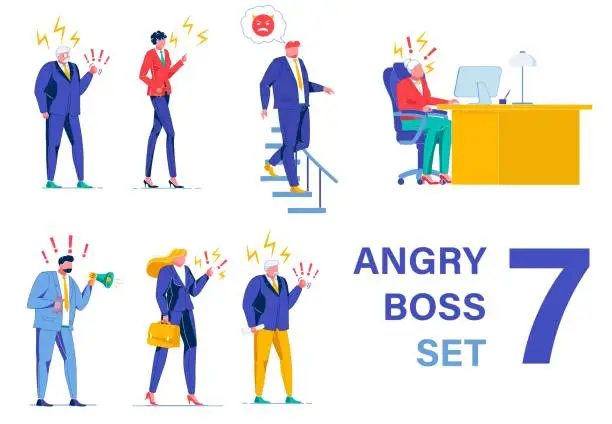 Vector illustration of Yelling and Shouting Bosses, Seven Pieces Set